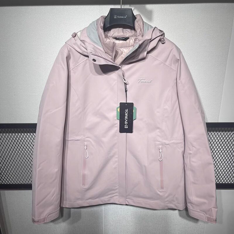 探路者羽绒冲锋衣女款冬季两件套鸭绒粉色蓄热羽绒内胆户外登山服