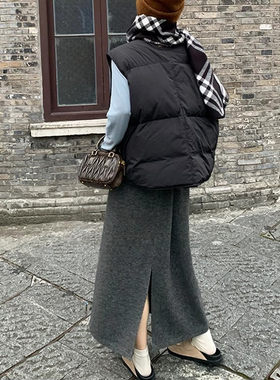 灰色醋酸羊毛呢半身裙女秋冬款直筒气质显瘦针织a字开叉包臀长裙