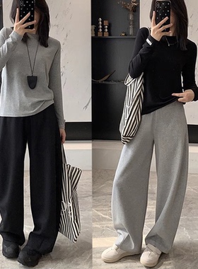 灰色阔腿弯刀裤子女秋季新款垂感休闲运动卫裤宽松显瘦直筒长裤