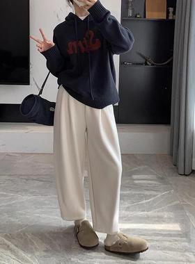 小个子羊毛呢米白色阔腿裤女秋冬香蕉休闲直筒裤加绒奶奶裤萝卜裤