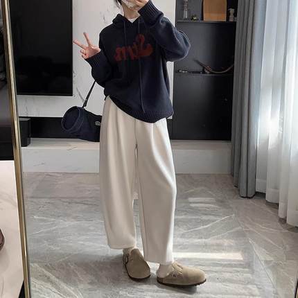 小个子羊毛呢米白色阔腿裤女秋冬香蕉休闲直筒裤加绒奶奶裤萝卜裤