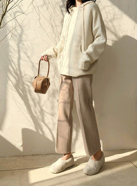 毛呢西装阔腿裤女秋冬直筒宽松显瘦高腰烟管休闲裤垂感九分奶奶裤