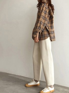 白色阔腿裤女羊毛呢直筒秋冬休闲宽松慵懒九分哈伦加绒萝卜奶奶裤