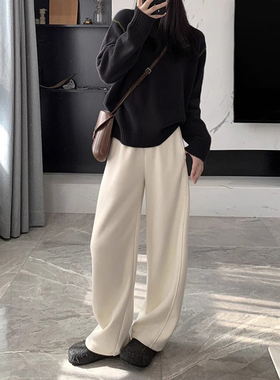 白色阔腿裤女秋冬休闲羊毛呢香蕉卫裤宽松加绒弯镰刀裤垂感直筒裤