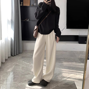 垂感直筒裤 宽松加绒弯镰刀裤 女秋冬休闲羊毛呢香蕉卫裤 白色阔腿裤