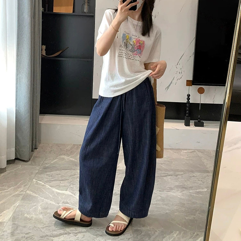 新款亚麻牛仔阔腿裤子女夏季薄款天丝高腰显瘦休闲宽松九分奶奶裤