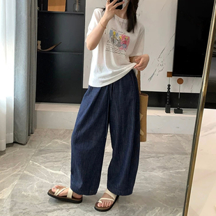 新款亚麻牛仔阔腿裤子女夏季薄款天丝高腰显瘦休闲宽松九分奶奶裤