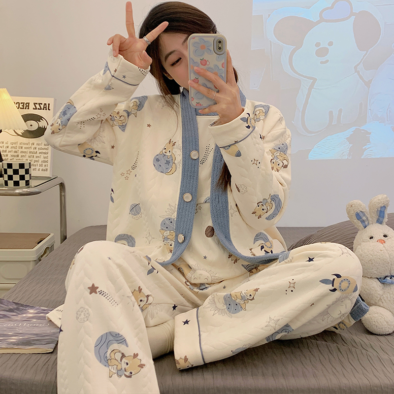 三件套空气棉月子服十月份产后喂奶孕妇睡衣秋冬季产妇哺乳家居服