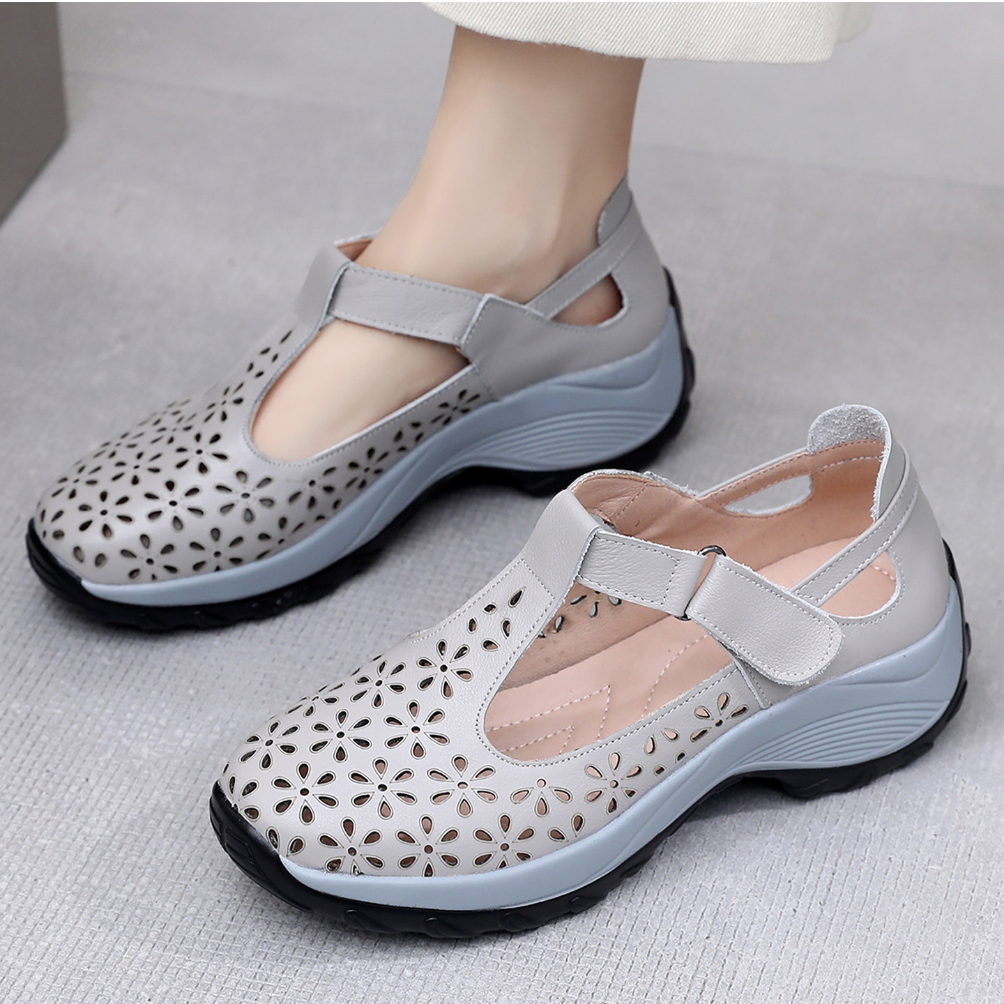 真皮凉鞋女夏季外穿包头风凉鞋厚底松糕罗马鞋平底洞洞镂空妈妈鞋