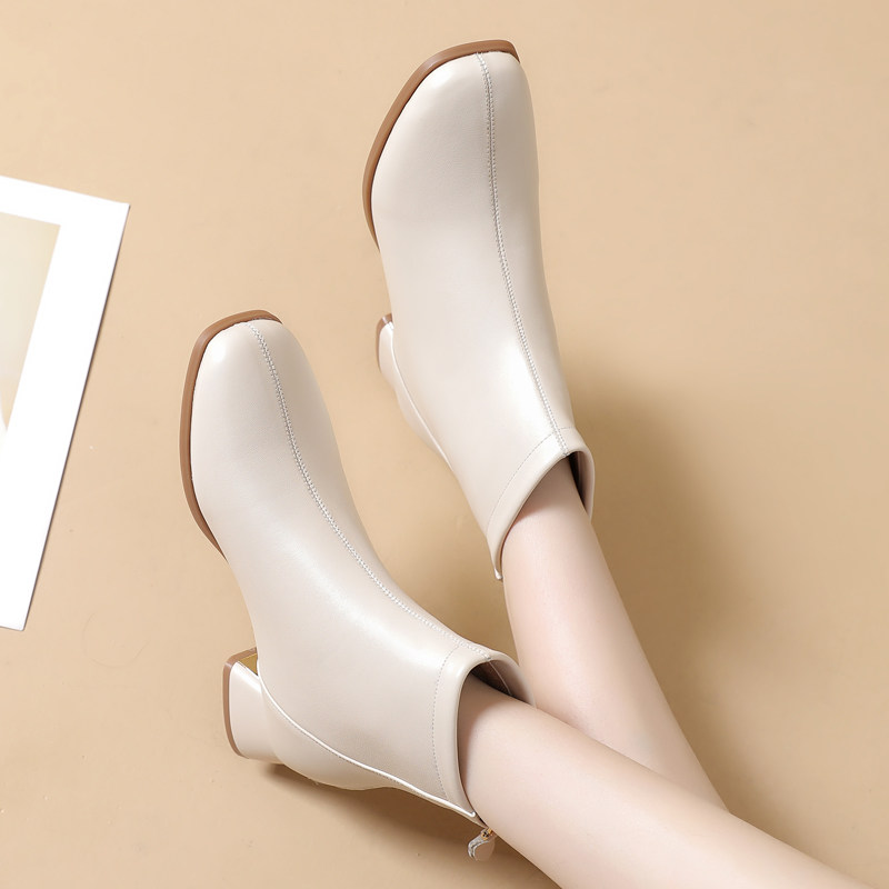 真皮靴子女粗跟短靴瘦瘦靴春秋单靴白色女靴马丁靴秋冬加绒棉靴