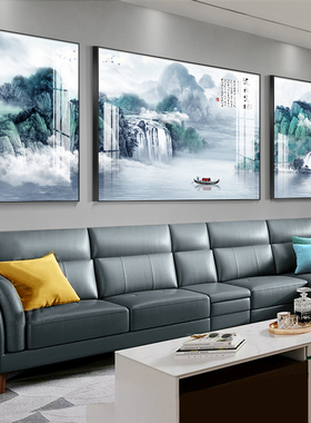 速发新中式客厅装饰风简约三联画山画画景挂水大气沙发背景墙壁画