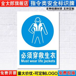 必须穿救生衣标识牌消防安全警示劳保用品工厂车间仓库警告标示标志标语贴纸提示贴墙贴指示牌子定制定做ZL35