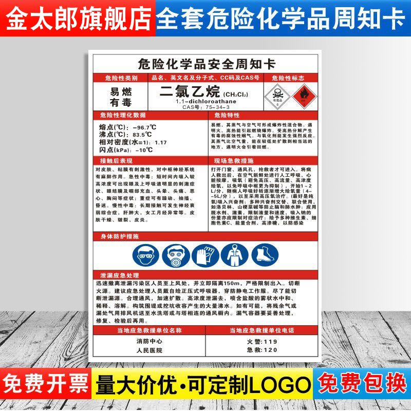 二氯乙烷危险化学品安全周知卡职业病危害告知牌易燃易爆腐蚀中毒危险