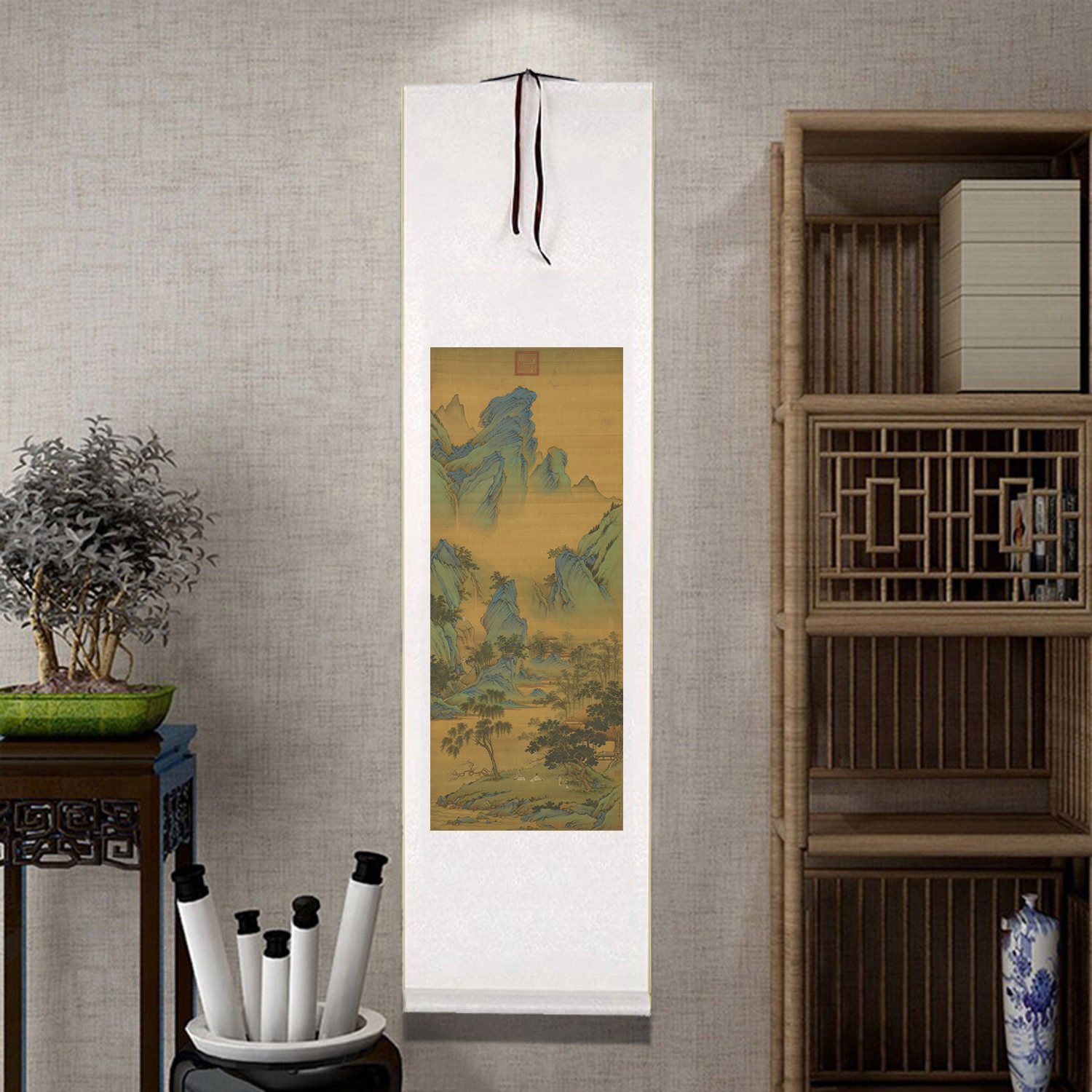 名家青绿山水画已装裱卷轴字画客厅书房复古装饰画仇英春山吟赏图图片