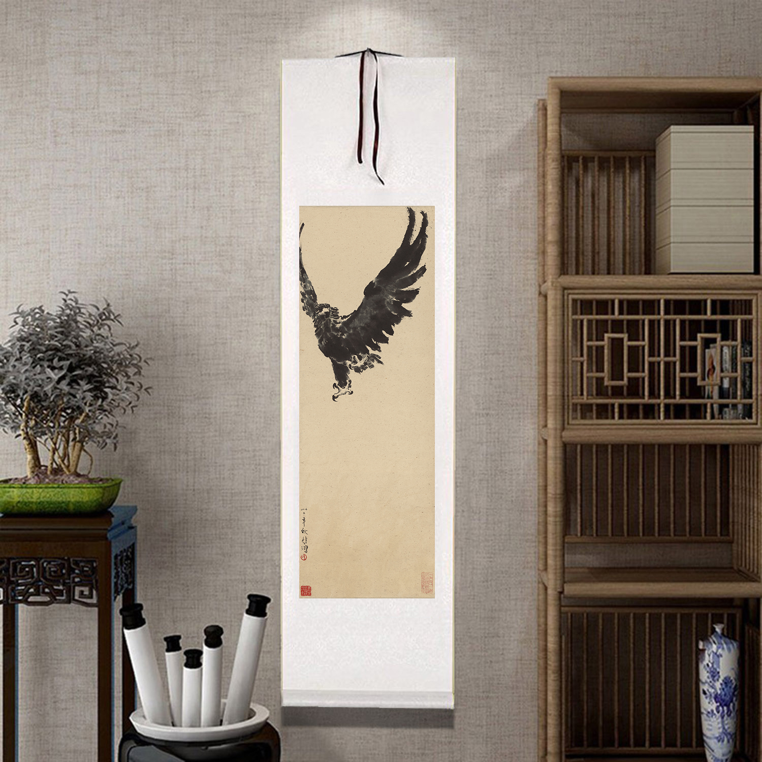 徐悲鸿国画雄鹰图条幅卷轴字画客厅入户玄关装饰画办公室书房挂画