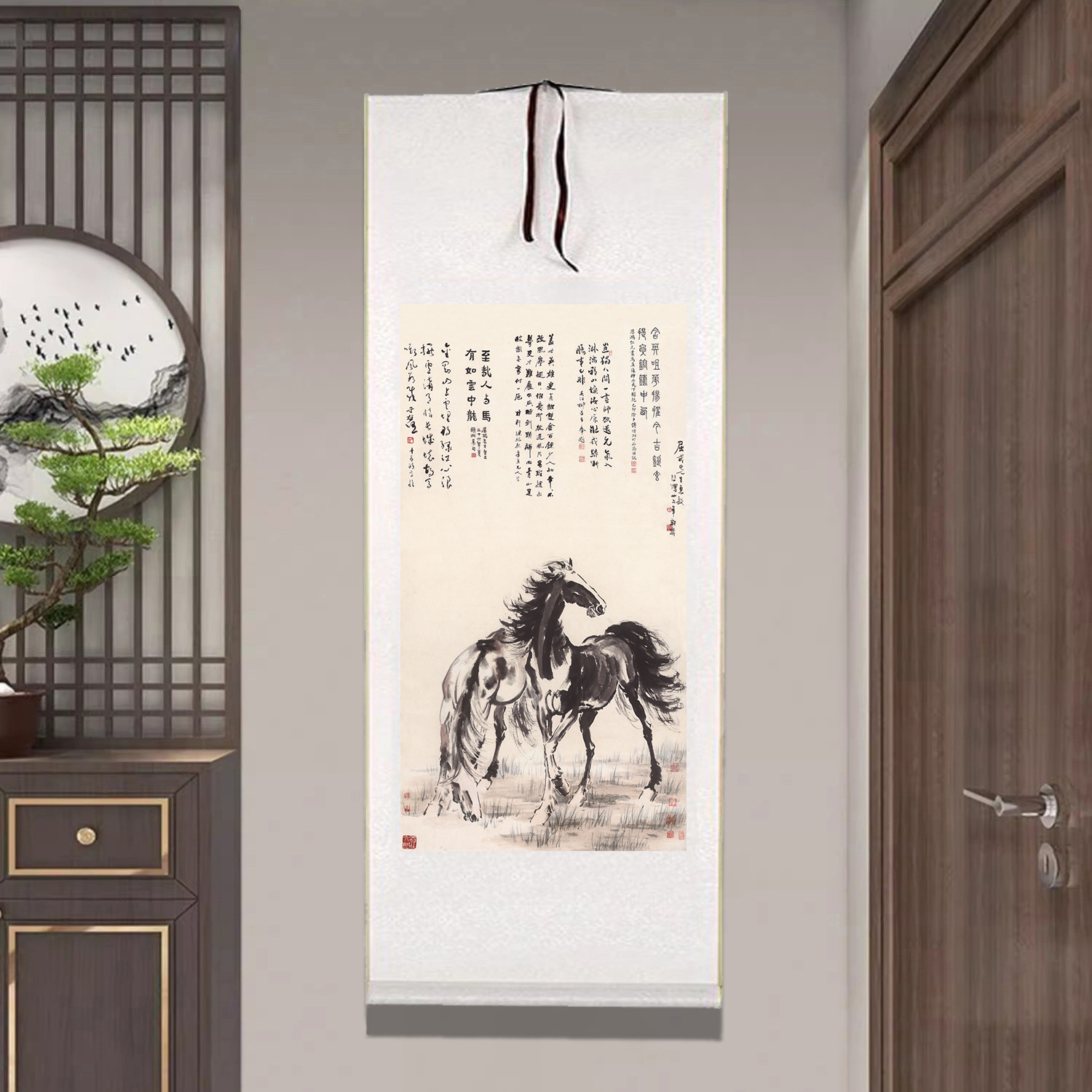 徐悲鸿国画双骏图竖版马到成功卷轴字画办公室书房商业场所装饰画