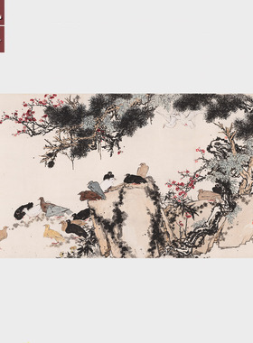 潘天寿松梅群鸽图横幅国画宣纸
