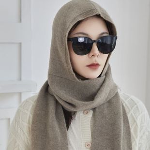秋冬季山羊绒帽子女围巾围脖一体防风保暖纯色假领子披肩连帽带帽