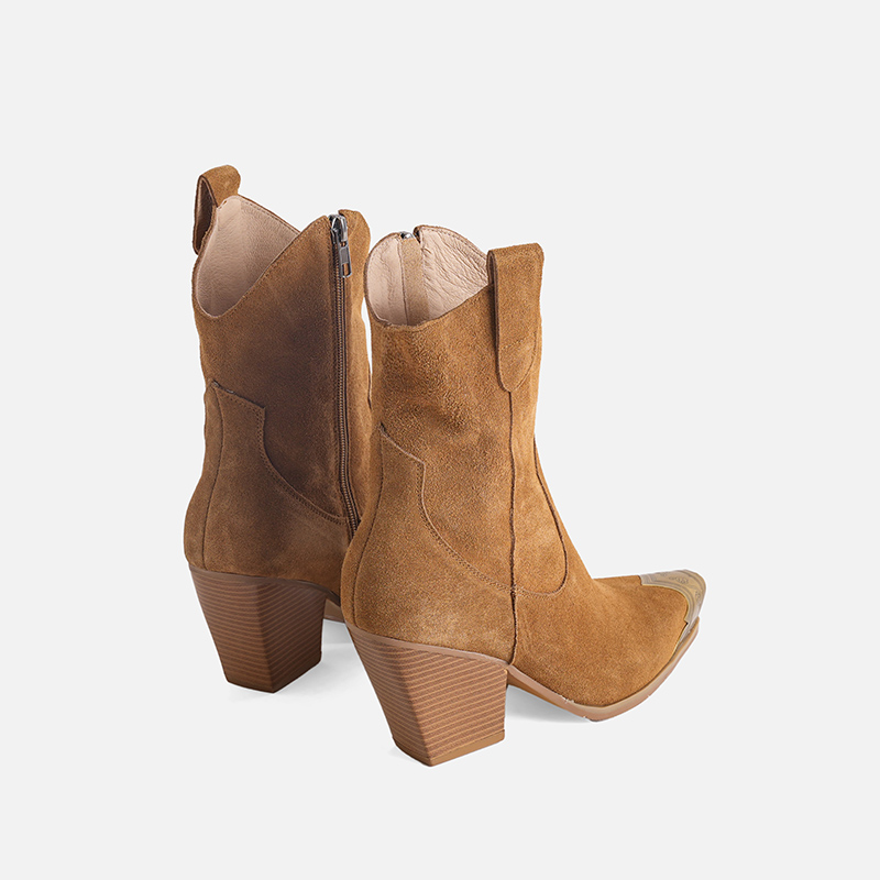 复古真皮侧拉链金属头靴子