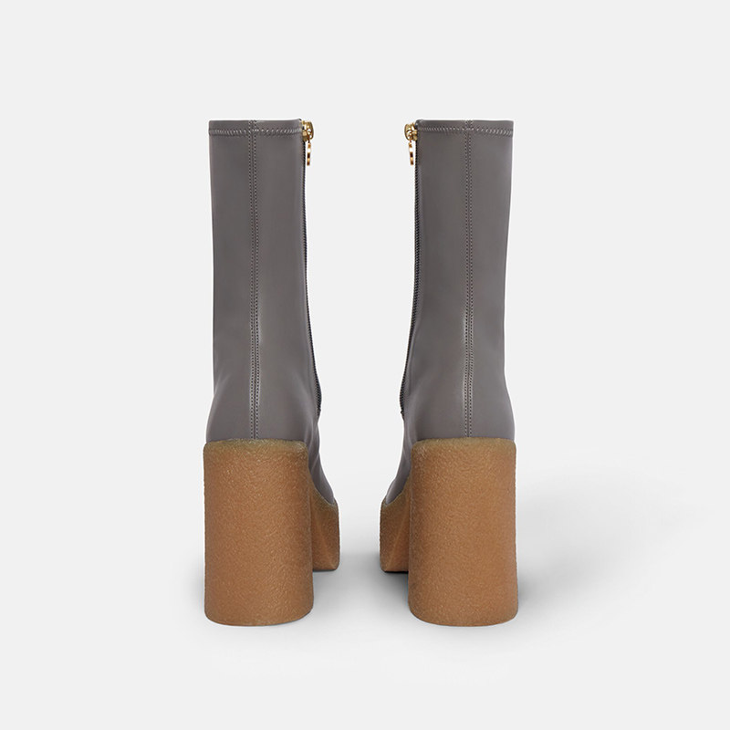 高跟短靴女粗跟灰色显瘦弹力瘦瘦靴方头防水台短筒厚底春秋单靴潮