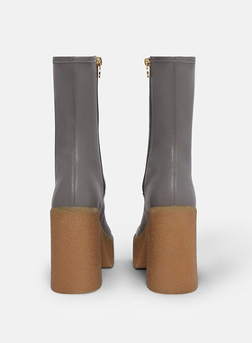 高跟短靴女粗跟灰色显瘦弹力瘦瘦靴方头防水台短筒厚底春秋单靴潮