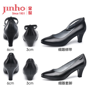 金猴女鞋真皮女鞋大码工装鞋女黑色皮鞋职业面试高跟鞋通勤鞋