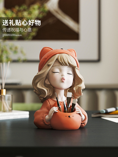 卡通女孩笔筒摆件治愈情绪稳定办公室好物女生工位桌面装饰品礼物