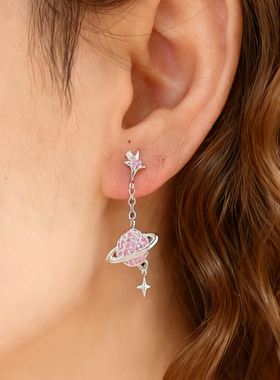 通体纯银甜美耳环粉色星球耳钉超闪水钻链条垂坠小清新少女心耳饰