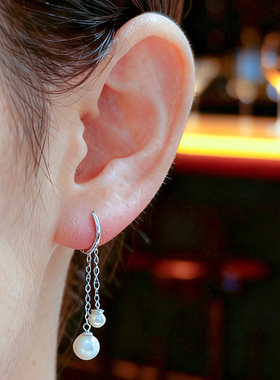 高级感通体S925纯银耳钉短款吊坠珍珠耳环女小众轻奢气质精致耳饰