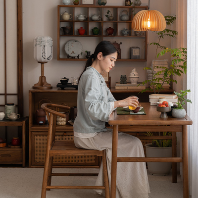 溪木工坊新中式阳台小茶桌小户型卧室榆木小书桌实木小茶台