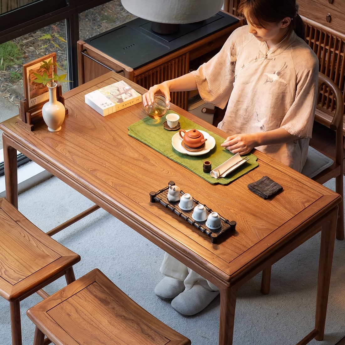 溪木工坊阳台茶桌家用榆木茶台餐桌两用客厅新中式实木茶桌椅组合