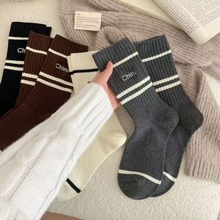 条纹袜子女中筒袜in潮纯色秋冬季 日系字母刺绣百搭堆堆长袜 内衣版
