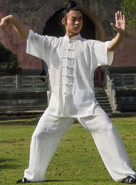 夏季薄款亚麻短袖太极服男女2026新款武术服装太极拳练功武当道士