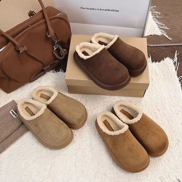 厚底小土豆加绒勃肯鞋女2025秋冬新款外穿包头毛毛拖保暖脚蹬棉鞋