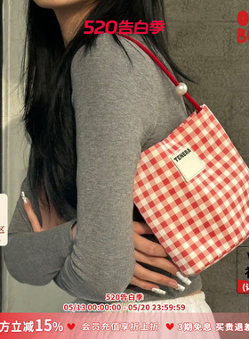 TENERA 春夏新品格纹珍珠小方包旅行度假风菜篮子包小众设计