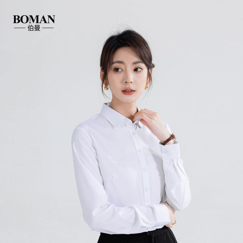 伯曼方领职业长袖莫代尔衬衫