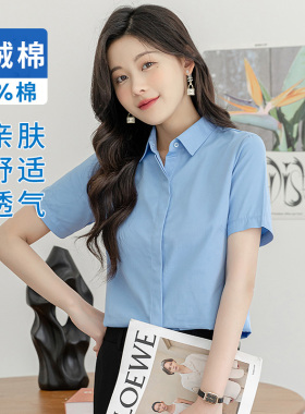 夏季新款长绒棉短袖方V领蓝色女士衬衫职业正装长袖白衬衣工作服