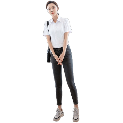 白色女士夏季v领设计感短袖衬衫