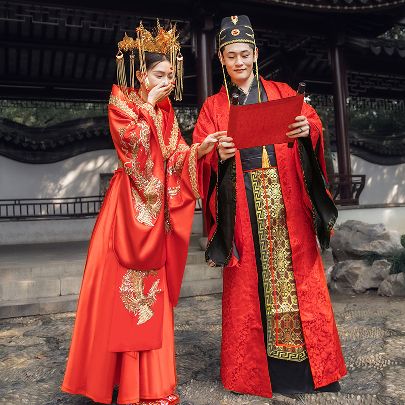 古装汉服拖尾可拆婚礼服装男女