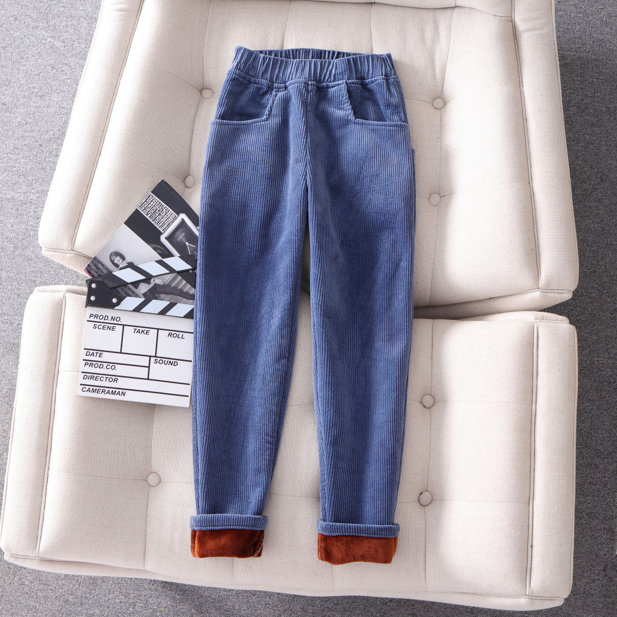 纯棉灯芯绒休闲裤子雾蓝条绒老爹裤宽松款松紧腰女裤外穿加厚加绒