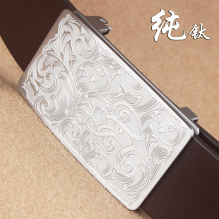 新款 皮带无牙自动扣腰带男真皮防过敏头层牛皮 精雕唐草纹纯钛男士