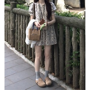 系带碎花连衣裙夏宽松显瘦棉麻娃娃裙小个子 鬼马系少女甜美泡泡袖