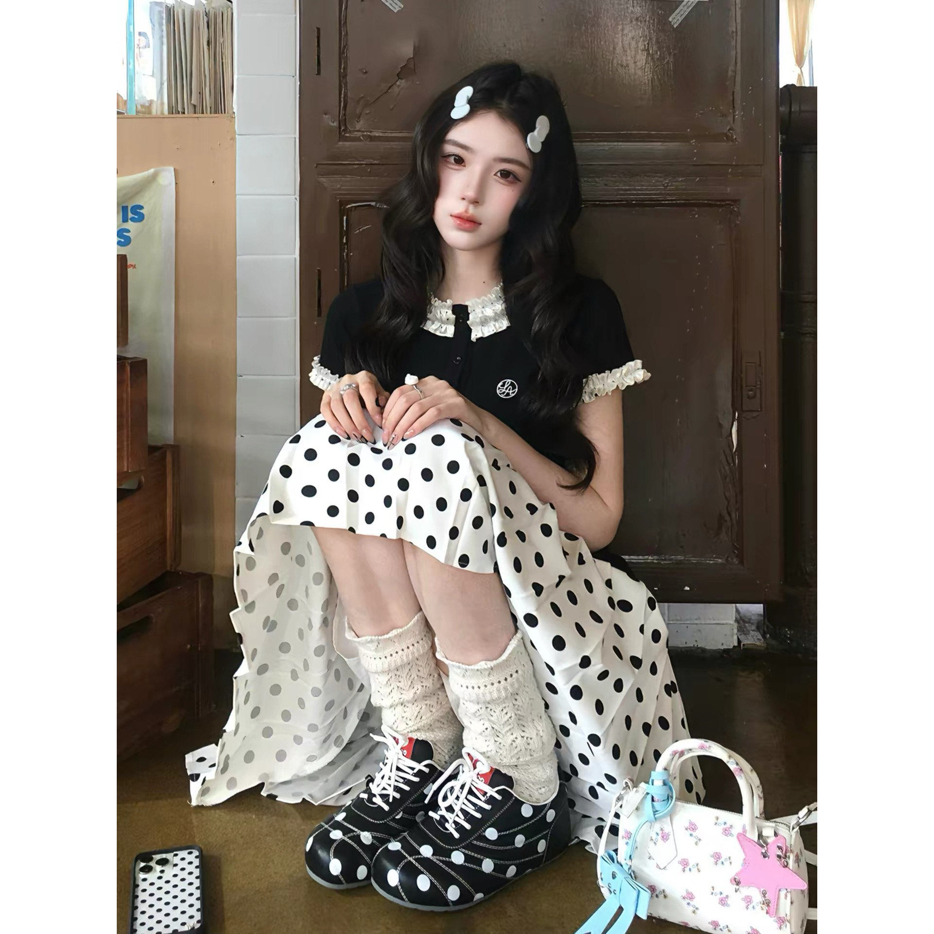 韩系学院风穿搭一整套女夏独特绝美短袖上衣显瘦波点半身裙两件套