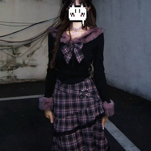 鬼马少女小香风miu系千金格子连衣裙秋冬毛领上衣半身长裙两件套