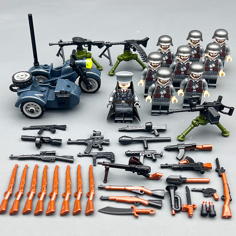 二战军事人仔积木德军兵团三轮车