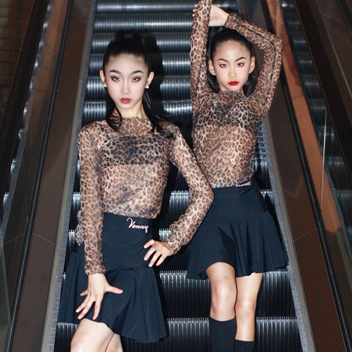 薇妮舞美拉丁舞豹纹练功服女童