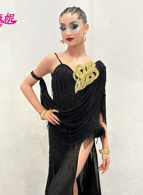 薇妮拉丁舞比赛花服黑色网纱吊带裙黑池设计感表演服珠管装饰伦巴