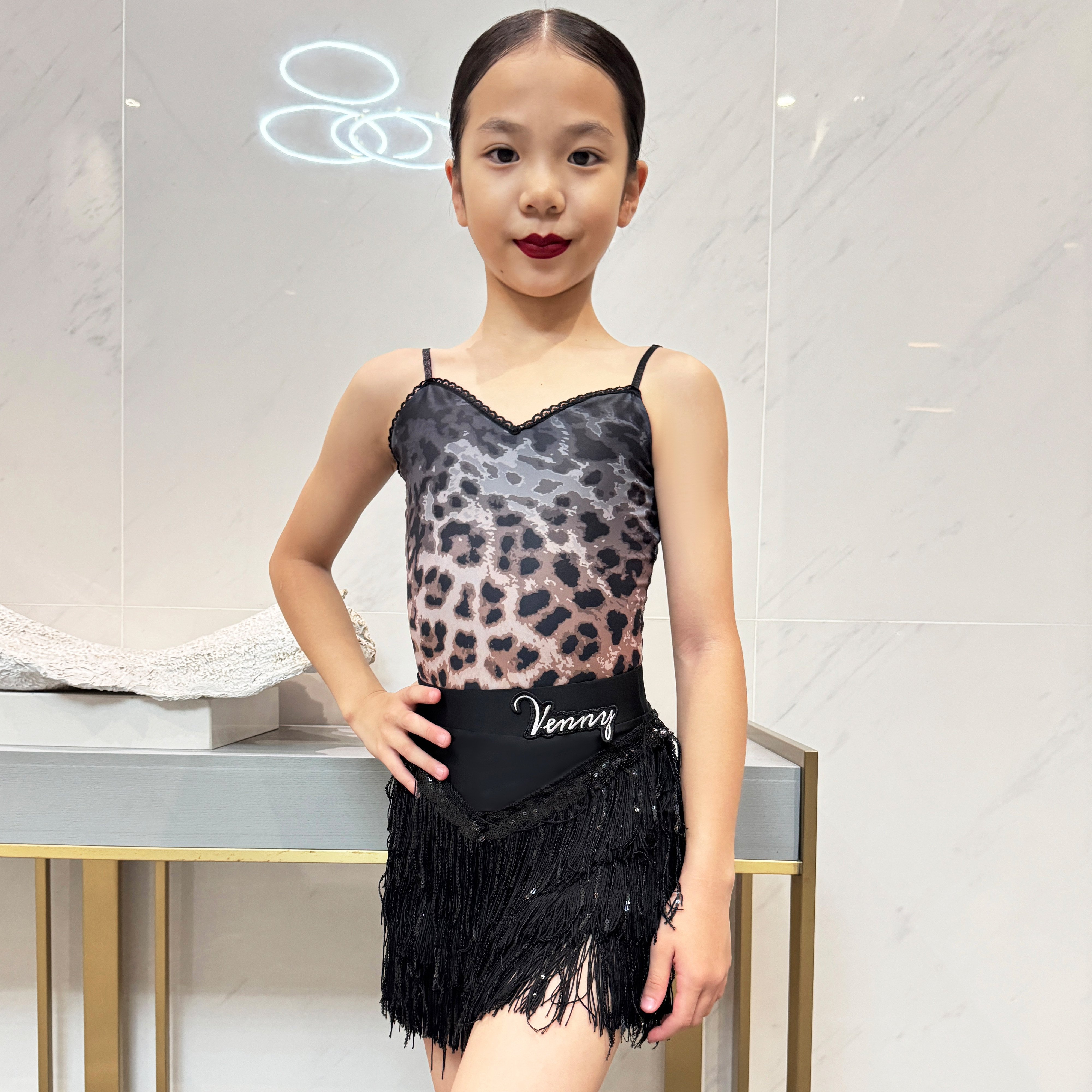 薇妮拉丁舞服【豹纹】女儿童练功服吊带连体新款训练服夏季款舞服