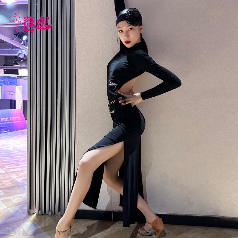 薇妮拉丁舞新款练功服专业舞蹈裙长袖连体流苏气质成人女童训练服