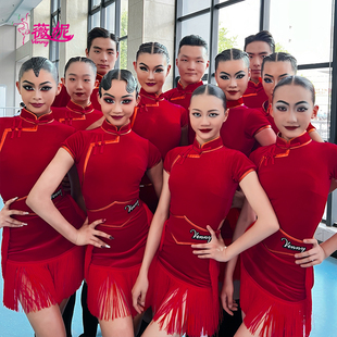 薇妮拉丁舞表演服红色礼服舞台汇演出男女艺考级团体中式新年节日